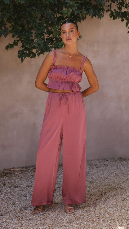 Suit - Pants and Top Set- 2-Piece Satin Casual Suit - Cami Crop Top + Pants Set- - IndioGear Fashion and Gear