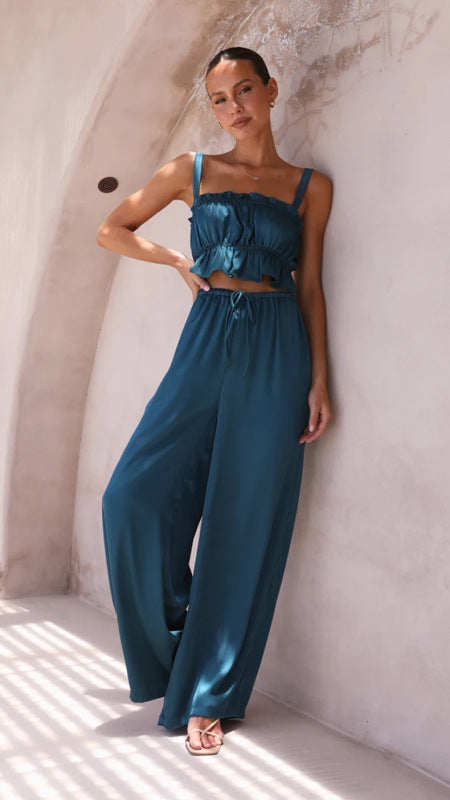 Suit - Pants and Top Set- 2-Piece Satin Casual Suit - Cami Crop Top + Pants Set- Navy Blue- IndioGear Fashion and Gear