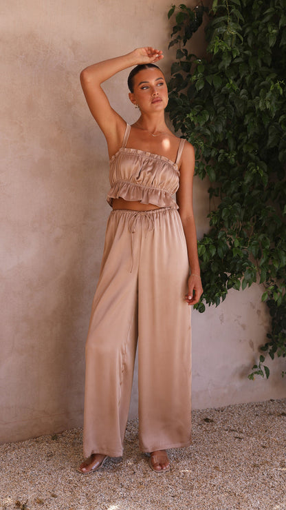 Suit - Pants and Top Set- 2-Piece Satin Casual Suit - Cami Crop Top + Pants Set- - IndioGear Fashion and Gear