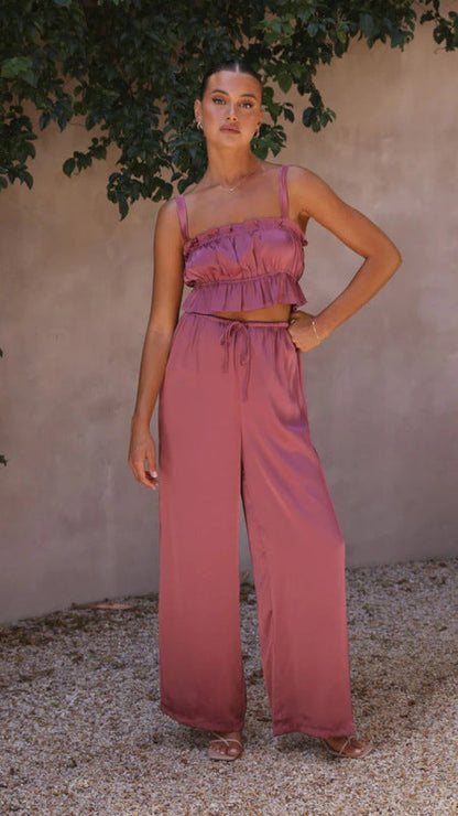 Suit - Pants and Top Set- 2-Piece Satin Casual Suit - Cami Crop Top + Pants Set- Purple- IndioGear Fashion and Gear