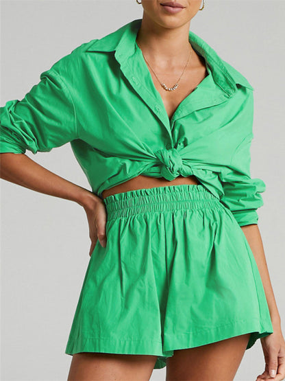 Suit - Two piece sets- Solid Cotton Set Shorts and Long Sleeve Shirt for Women- Green- IndioGear Fashion and Gear