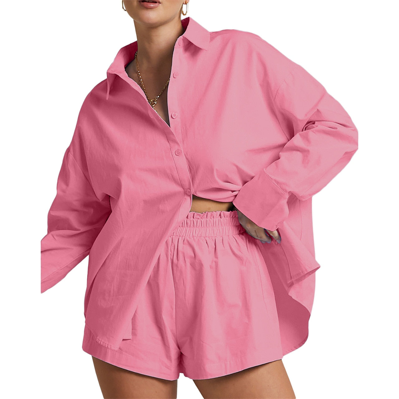 Suit - Two piece sets- Solid Cotton Set Shorts and Long Sleeve Shirt for Women- - IndioGear Fashion and Gear