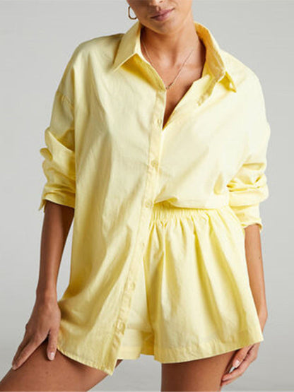 Suit - Two piece sets- Solid Cotton Set Shorts and Long Sleeve Shirt for Women- Yellow- IndioGear Fashion and Gear