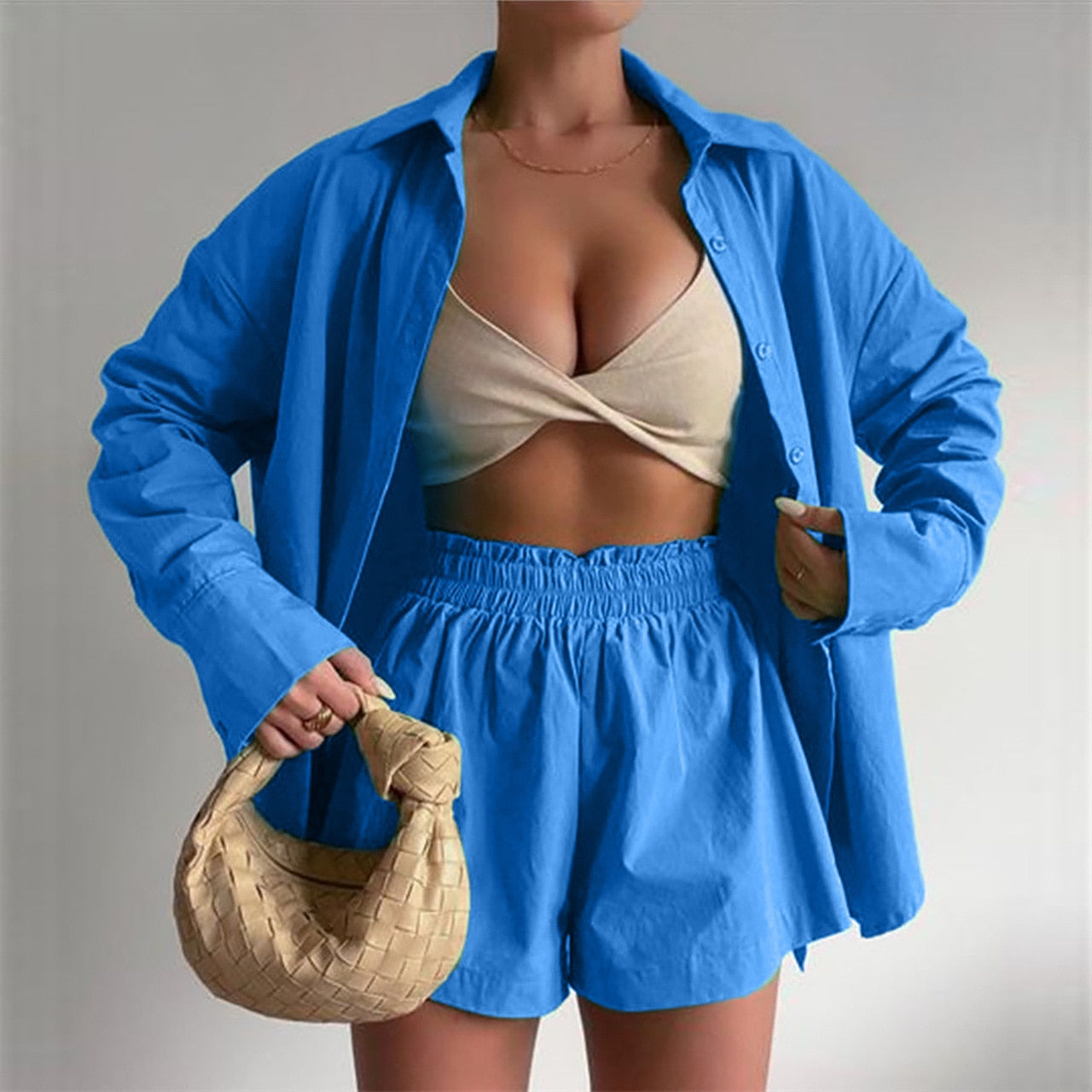 Suit - Two piece sets- Solid Cotton Set Shorts and Long Sleeve Shirt for Women- Blue- IndioGear Fashion and Gear