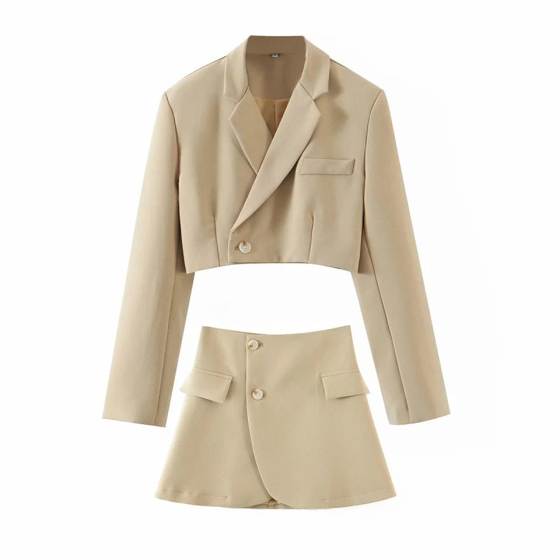 Suits- 2-Piece Summer Business Suit with Crop Blazer & Wrap Midi Skirt- Khaki- IndioGear Fashion and Gear