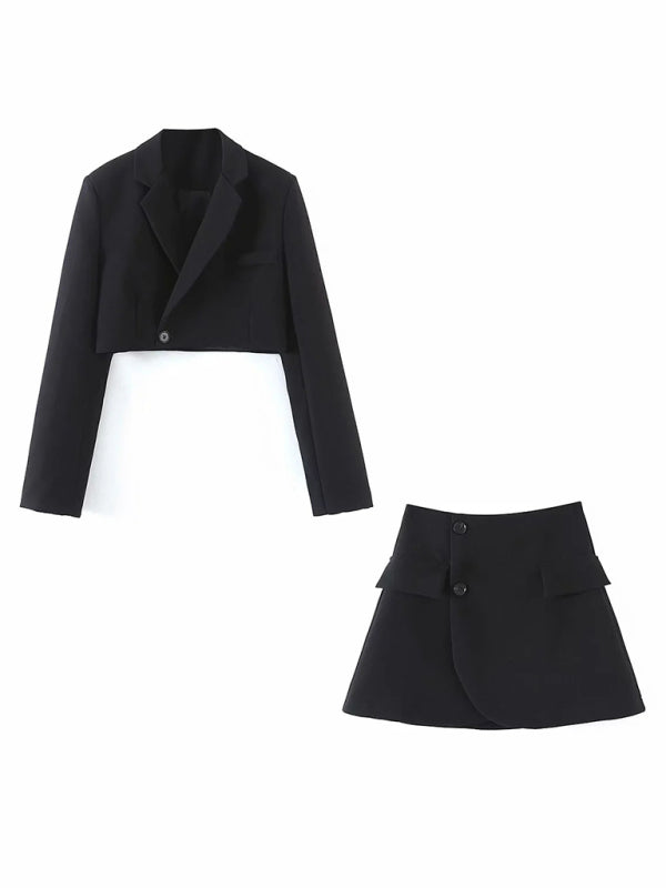 Suits- 2-Piece Summer Business Suit with Crop Blazer & Wrap Midi Skirt- Black- IndioGear Fashion and Gear