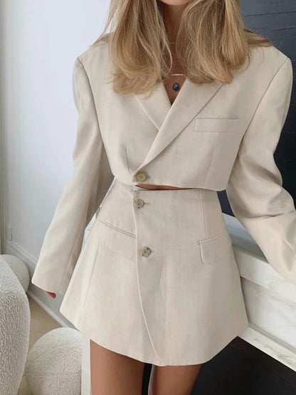 Suits- 2-Piece Summer Business Suit with Crop Blazer & Wrap Midi Skirt- White- IndioGear Fashion and Gear