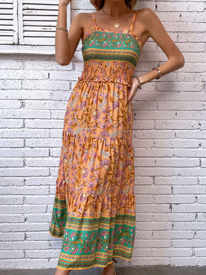 '-Summer Boho Floral A-Line Midi Dress with Smocked Bodice & Tiered Design-Pekosa Women Clothing