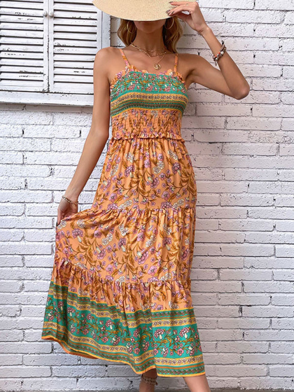 '-Summer Boho Floral A-Line Midi Dress with Smocked Bodice & Tiered Design-Pekosa Women Clothing