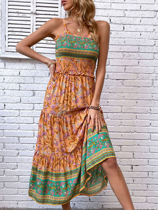 '-Summer Boho Floral A-Line Midi Dress with Smocked Bodice & Tiered Design-Pekosa Women Clothing