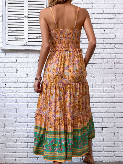 '-Summer Boho Floral A-Line Midi Dress with Smocked Bodice & Tiered Design-Pekosa Women Clothing