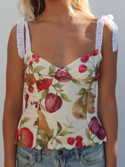 Summer Camis- Tie-Shoulder Cami in Floral Print - Summer Top with Lace-Up Back- Light yellow- IndioGear Fashion and Gear