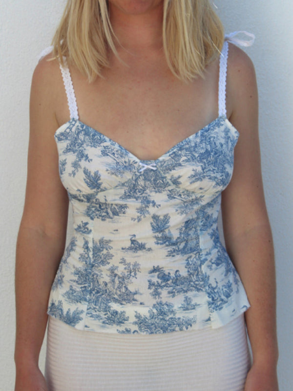 Summer Camis- Tie-Shoulder Cami in Floral Print - Summer Top with Lace-Up Back- Blue- IndioGear Fashion and Gear