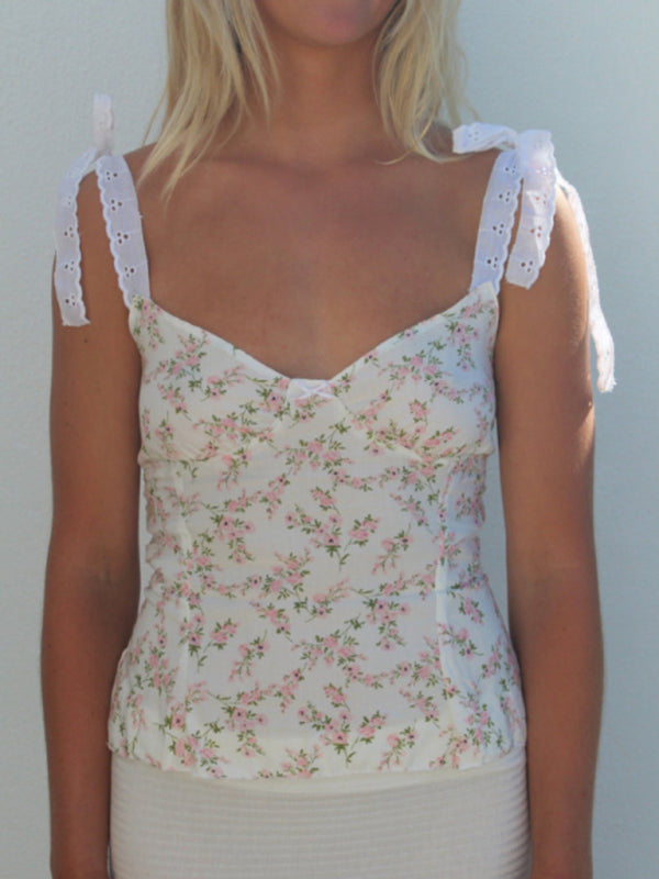 Summer Camis- Tie-Shoulder Cami in Floral Print - Summer Top with Lace-Up Back- White- IndioGear Fashion and Gear