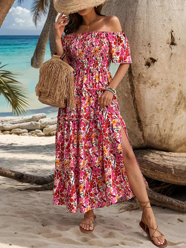 Summer Dresses- Boho Floral Off-Shoulder Tiered Midi Sundress - Smocked A-Line Dress- - IndioGear Fashion and Gear