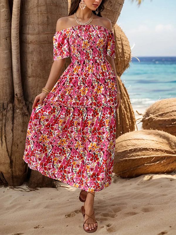 Summer Dresses- Boho Floral Off-Shoulder Tiered Midi Sundress - Smocked A-Line Dress- - IndioGear Fashion and Gear