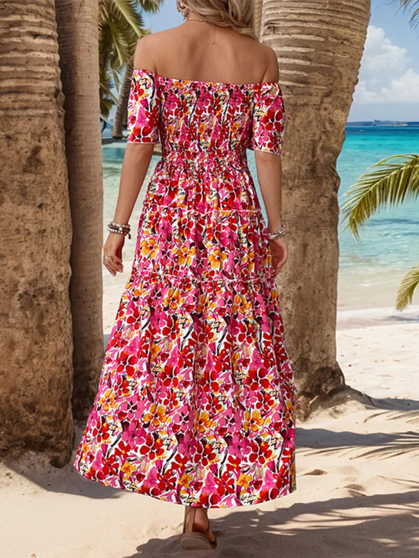 Summer Dresses- Boho Floral Off-Shoulder Tiered Midi Sundress - Smocked A-Line Dress- - IndioGear Fashion and Gear