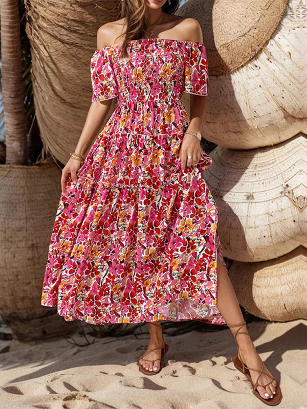 Summer Dresses- Boho Floral Off-Shoulder Tiered Midi Sundress - Smocked A-Line Dress- Red- IndioGear Fashion and Gear