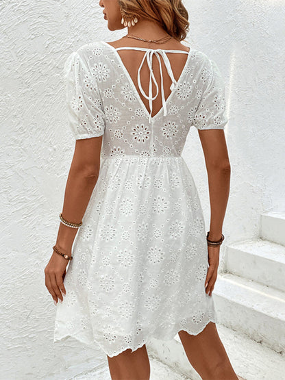 Summer Dresses- Embroidery Eyelet Puff Sleeve A-Line Sundress- - IndioGear Fashion and Gear