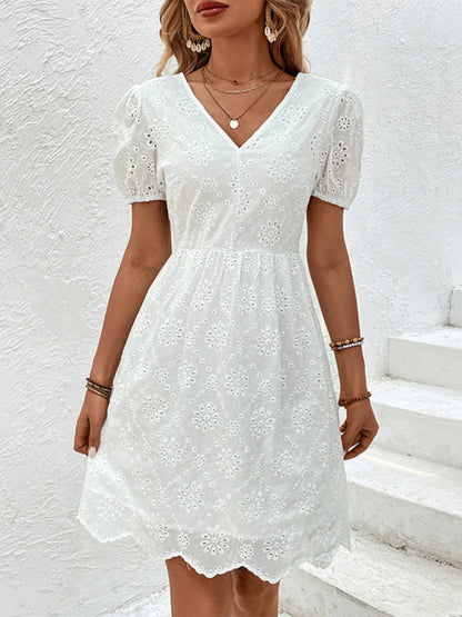 Summer Dresses- Embroidery Eyelet Puff Sleeve A-Line Sundress- - IndioGear Fashion and Gear