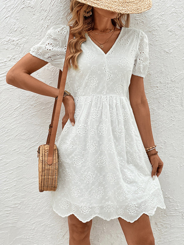 Summer Dresses- Embroidery Eyelet Puff Sleeve A-Line Sundress- - IndioGear Fashion and Gear