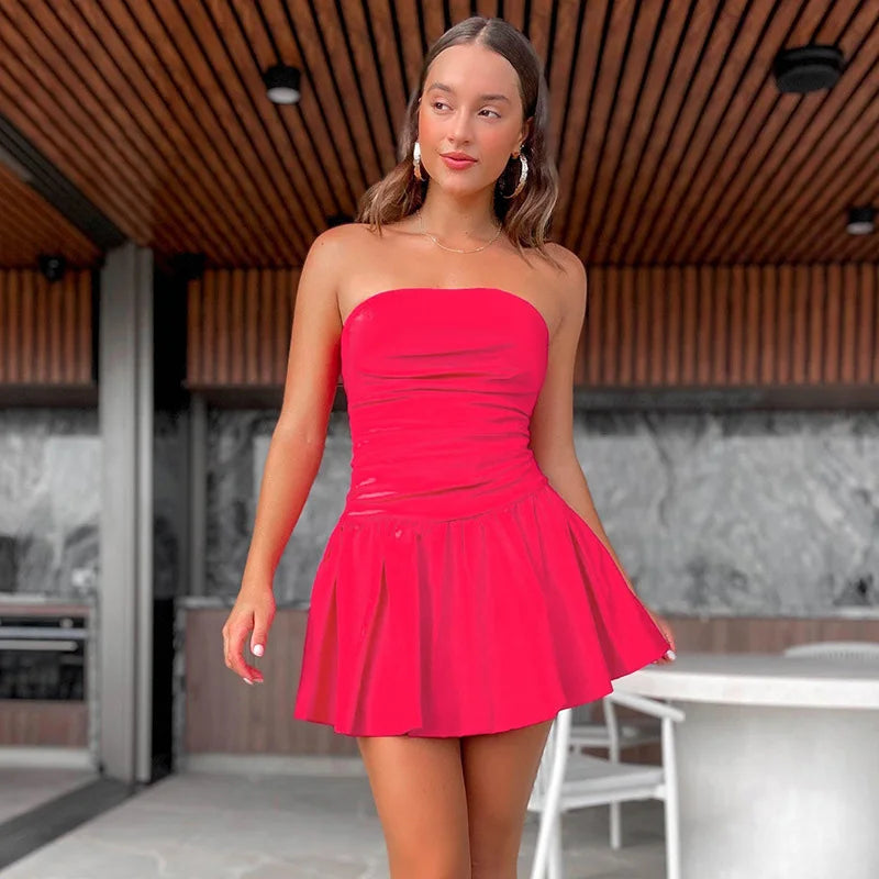 Summer Dresses-Festive Strapless Fit and Flare Mini Dress for Summer-Pekosa Women Clothing