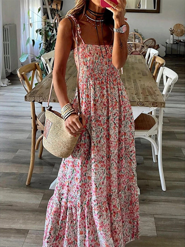 Summer Dresses- Floral A-Line Tiered Maxi Dress - Vacation Essential- Pink- IndioGear Fashion and Gear