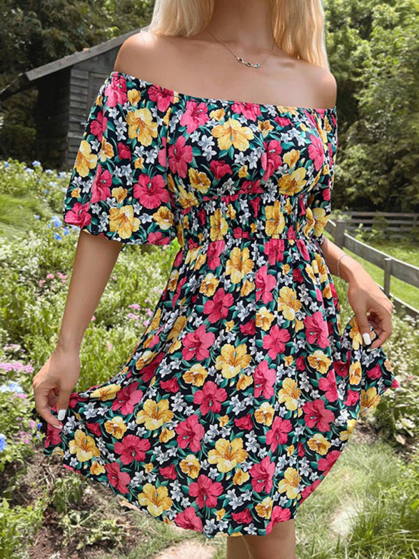 Floral Off-Shoulder Sundress - Summer Dress with Gathered Waist & Lantern Sleeves