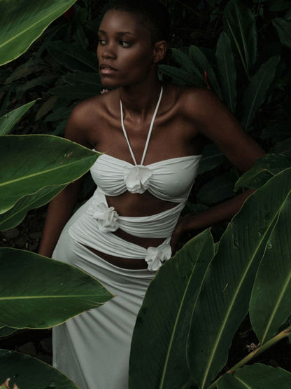 Robe de soirée d'été à col licou avec appliques de fleurs, robe à bandes avec dos à bretelles