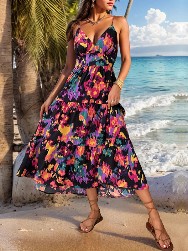 Summer Dresses- Garden Party Abstract Print High Waist Tiered Cami Dress- - IndioGear Fashion and Gear