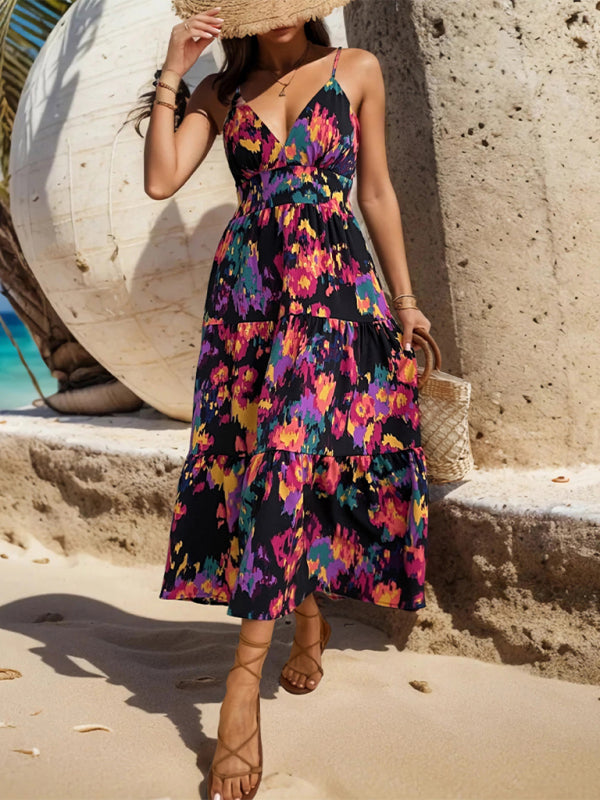 Summer Dresses- Garden Party Abstract Print High Waist Tiered Cami Dress- - IndioGear Fashion and Gear