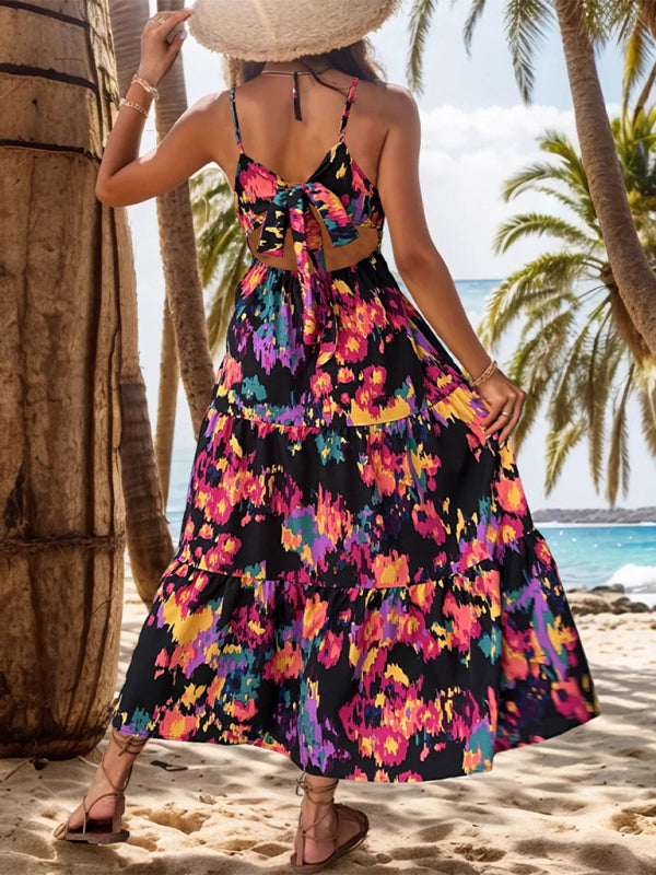 Summer Dresses- Garden Party Abstract Print High Waist Tiered Cami Dress- - IndioGear Fashion and Gear