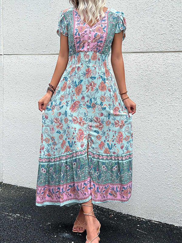 Summer Dresses- Smocked Waist A-Line Midi Dress with Floral Print & Short Sleeves- Chuzko Women Clothing