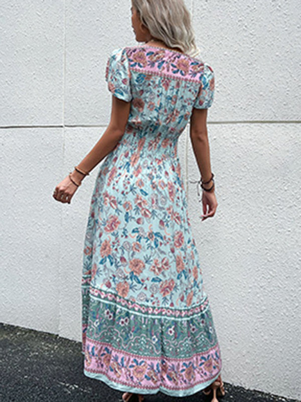 Summer Dresses- Smocked Waist A-Line Midi Dress with Floral Print & Short Sleeves- Chuzko Women Clothing