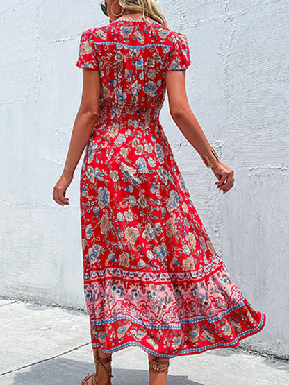 Summer Dresses- Smocked Waist A-Line Midi Dress with Floral Print & Short Sleeves- Chuzko Women Clothing