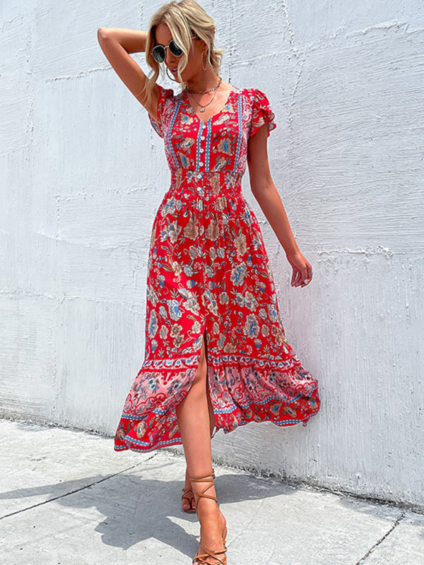 Summer Dresses- Smocked Waist A-Line Midi Dress with Floral Print & Short Sleeves- Chuzko Women Clothing