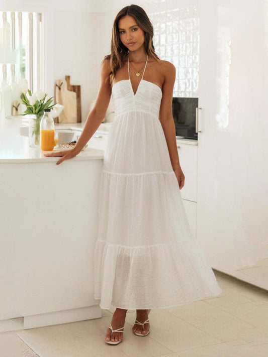 Summer Dresses- Solid Halter Sleeveless Tiered Maxi Dress for Summer Vacations- White- IndioGear Fashion and Gear