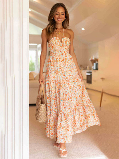 Summer Dresses- Solid Halter Sleeveless Tiered Maxi Dress for Summer Vacations- Orange- IndioGear Fashion and Gear