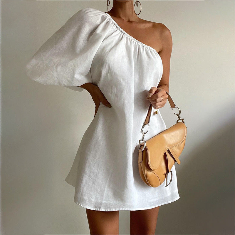 Summer Dresses- Solid Loose One-Shoulder Sundress- White- IndioGear Fashion and Gear