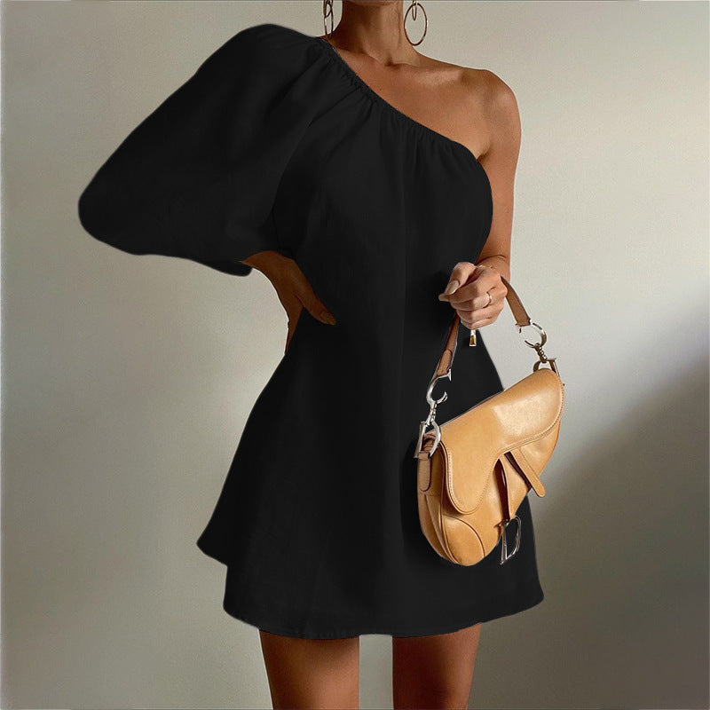 Summer Dresses- Solid Loose One-Shoulder Sundress- Black- IndioGear Fashion and Gear