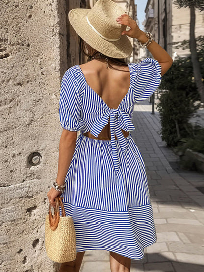 Summer Dresses- Striped Puff Sleeves Sundress - Bow knot Back A-Line Summer Dress- - IndioGear Fashion and Gear