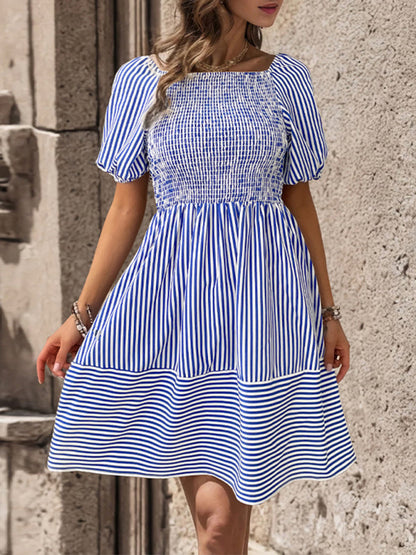 Summer Dresses- Striped Puff Sleeves Sundress - Bow knot Back A-Line Summer Dress- - IndioGear Fashion and Gear