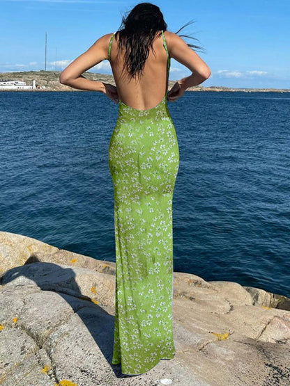 Robe longue d'été caraco dos nu en sirène florale