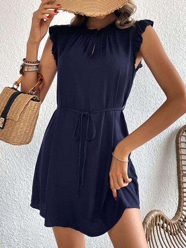 Summer Dresses- Summer Mini Dress with Frill Accents & Tie Waist- - IndioGear Fashion and Gear