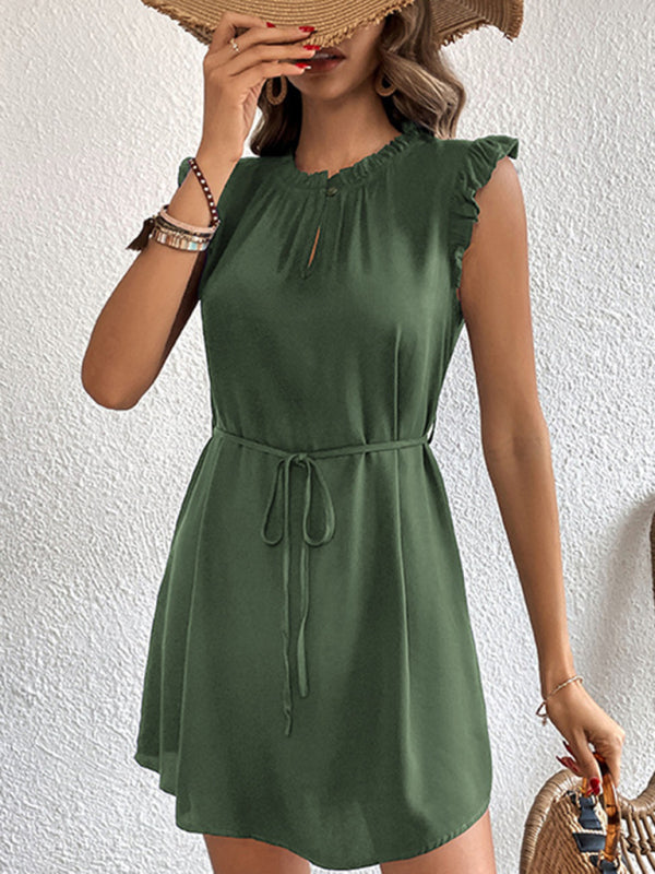 Summer Dresses- Summer Mini Dress with Frill Accents & Tie Waist- - IndioGear Fashion and Gear