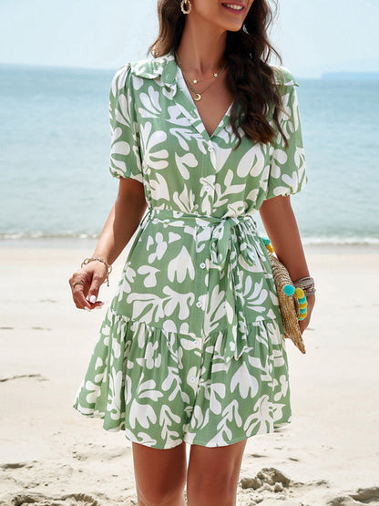 Summer Dresses- Summer Print Button-Up Sundress with Belt-Tie - A-Line Shirt Dress- Green- IndioGear Fashion and Gear