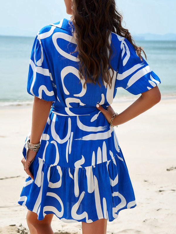 Summer Dresses- Summer Print Button-Up Sundress with Belt-Tie - A-Line Shirt Dress- - IndioGear Fashion and Gear