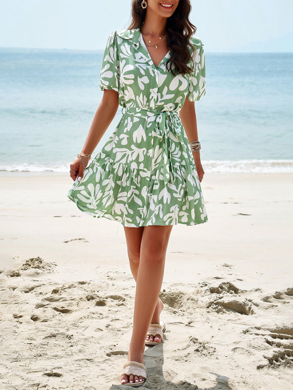 Summer Dresses- Summer Print Button-Up Sundress with Belt-Tie - A-Line Shirt Dress- - IndioGear Fashion and Gear