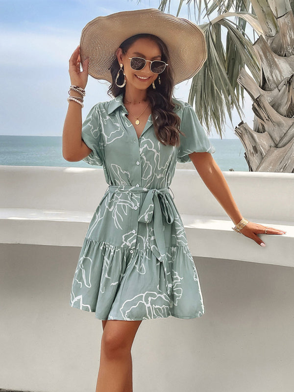 Summer Dresses- Summer Print Button-Up Sundress with Belt-Tie - A-Line Shirt Dress- - IndioGear Fashion and Gear