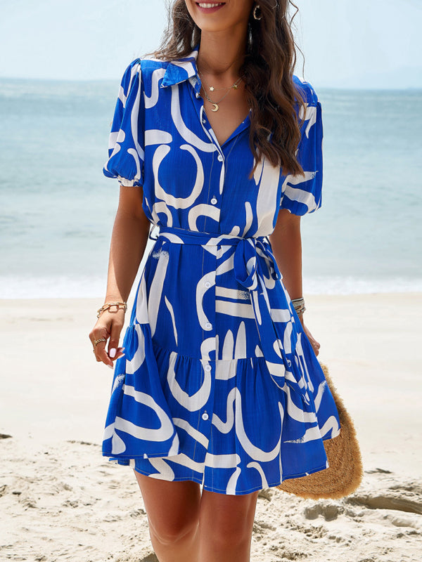 Summer Dresses- Summer Print Button-Up Sundress with Belt-Tie - A-Line Shirt Dress- - IndioGear Fashion and Gear